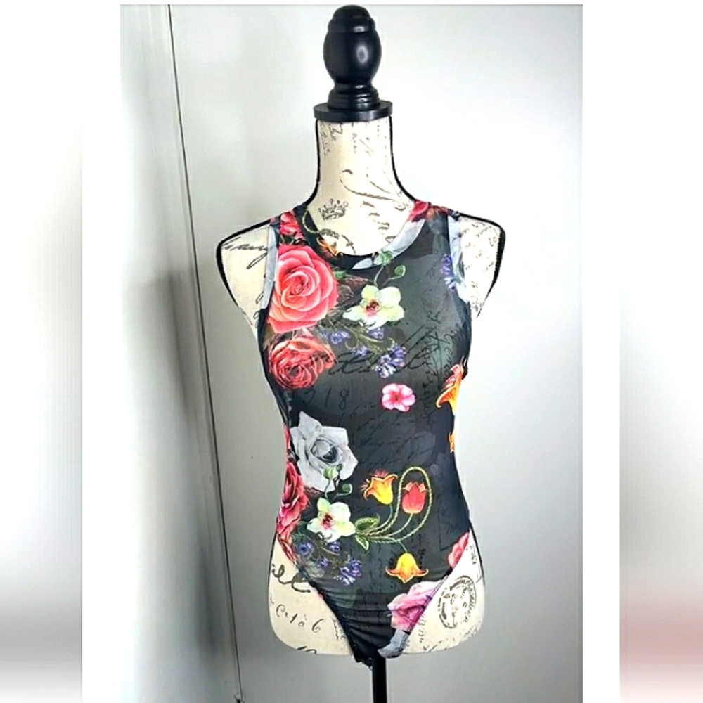 BLACK FLORAL PRINT MESH SLEEVELESS THONG BODYSUIT BOUTIQUE ITEM NEW SIZE S